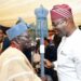 Oyo State Governor, Seyi Makinde (right) presenting Staff of Office to Balogun of Ibadanland, Oba Owolabi Olakulehin during the coronation ceremony of High Chiefs of Ibadanland that represent Olubadan at the eleven Local Government Traditional Councils as Beaded Crown-Wearing Obas by Olubadan, held at Mapo Hall, Ibadan. PHOTO: Oyo Gov's Media Unit.