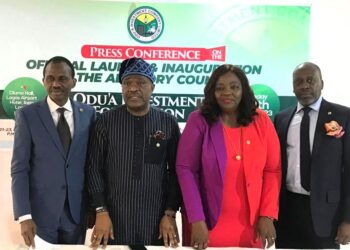 L-R Group Managing Director/ CEO, Odu’a Investment Company Limited, Adewale Raji; Group Chairman, Otunba Bimbo Ashiru; Independent Director, Folusho Olaniyan and Odu’a Director, Seni Adio, during announcement of the launch of Odu’a Investment Foundation and inauguration of Advisory council, at a press conference, held at the Lagos Airport Hotel, Lagos.
