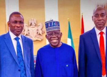 President Bola Ahmed Tinubu with the , newly confirmed Chairman of the EFCC, and the Secretary to the Commission, Mr. Ola Olukoyede (left) and Muhammad Hammajoda (right) at the Presidential Villa.