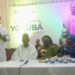 From left standing to right is Co-ordinator, Wikipedia Yoruba, Mr. Olatunde Isaac, Co-ordinator Yoruba World Centre, Mr. Alao Adedayo, Ogun State Deputy Governor, Mrs. Naimot Oyedele, and Emeritus Prof. Ayo Bamgbose.