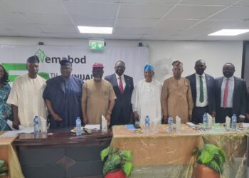 L-R: Mrs. Abiola Ajayi, Odu’a Investment Company Secretary, Hon. Patrick Ajigbolamu,  Director, Wemabod Limited, Engr. Kehinde Akinola, Director, Mr. Ibukun Efuntayo,  Chairman Wemabod Limited,Mr. Oluyemi Ejidiran, MD, Wemabod Limited, Dr. Tola Kasali, Director,OICL, HE, Alahaji Lasisi Oluboyo, Director,Mr. Bashir Oladunni,  Executive Director and incoming MD, Mr. Yemi Ajao, Executive Director, OICL and Mrs Dolapo Alabi, Company Secretary, Wemabod Limited