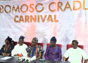 From left Mis Fisayo Alabi, Prince Dotun Oyelade, Oyo state commissioner for Information civic Orientation, Prince Williams Adeleye, Chairman Ogbomosoland committee For Arts and Culture , Mr Muyiwa Oke and Bashorun Akinwole Akinwale. (Wolekanle) during the press conference