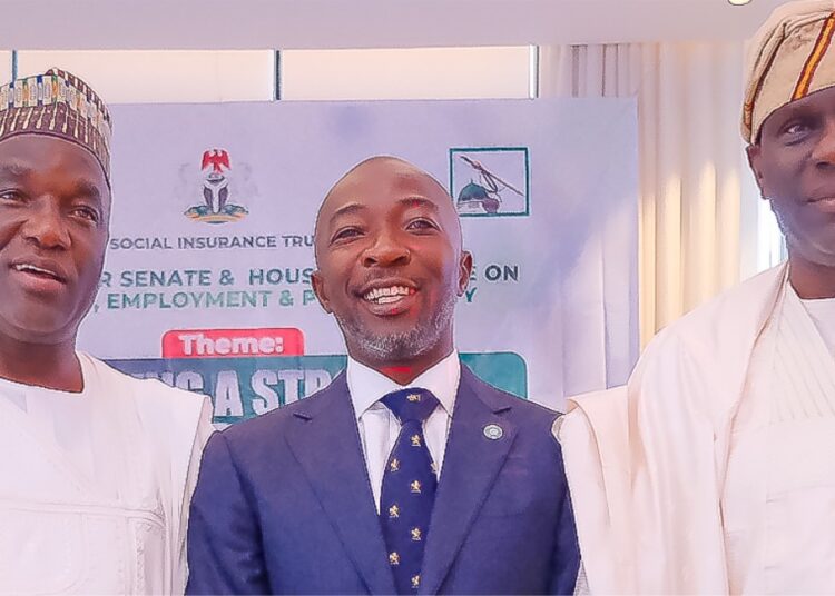 L-R Senator Diket Plang; Chairman, Senate Committee on Employment, Labour, and Productivity, Oluwaseun Faleye; Managing Director/CEO, Nigeria Social Insurance Trust Fund (NSITF), and Rep. Adegboyega Adefarati, Chairman, House Committee on Labour, Employment, and Productivity