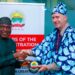 Ekiti State Governor Biodun Oyebanji, presenting award plaque to Marcel Leijzer, Manager of Technical Cooperation at the United Nations Tourism (UN Tourism) during his visit to the state