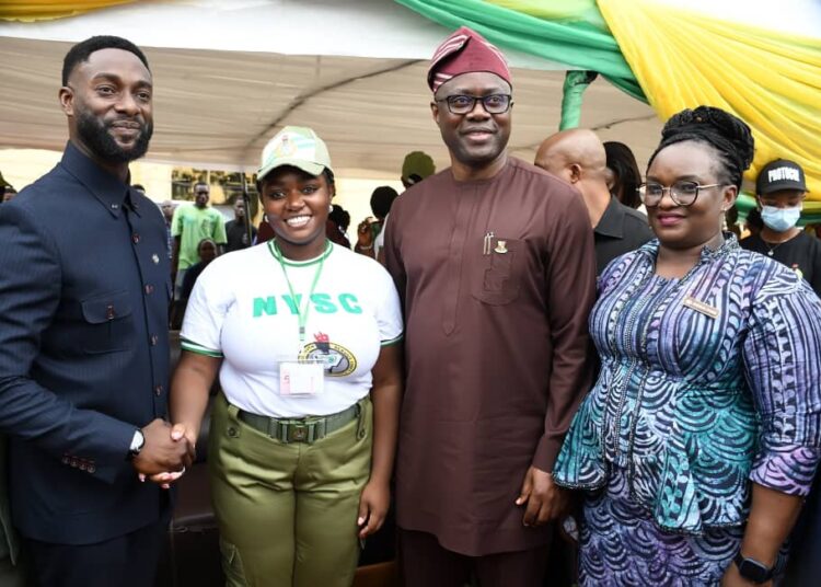 Oyo State Governor, Seyi Makinde (second right); representative of Lagos State Governor and Commissioner for Youth and Social Development, Mr Mobolaji Ogunlende (second left); Lagos State Coordinator, National Youth Service Corps (NYSC), Mrs Yetunde Baderinwa (right) and daughter of Oyo State Governor, Tobi Makinde, during the NYSC 2024 Batch B Stream 2 Orientation Camp closing ceremony, held at NYSC Temporary Orientation Camp, Agege, Lagos. PHOTO: Oyo Gov's Media Unit.