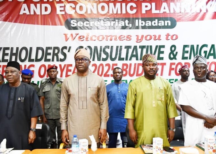 Oyo State Governor, Seyi Makinde (second left); his deputy, Barr Bayo Lawal (left); representative of Speaker, Oyo State House of Assembly, Hon Sunkanmi Babalola (second right) and Commissioner for Budget and Economic Planning, Prof Musibau Babatunde, during the Stakeholders' Consultative meeting on year 2025 Budget and Unveiling of Development Agenda Documents, held at International Conference Centre, Ibadan. PHOTO: Oyo Gov's Media Unit