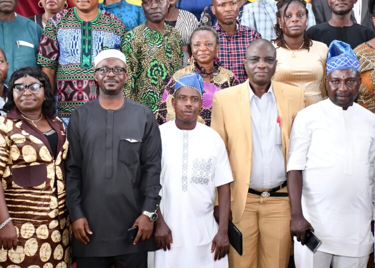 From left, Permanent Secretary, Oyo State Ministry of Agriculture and Natural Resources, Mrs Christina Abioye; Commissioner, Barr Olasunkanmi Olaleye; Chairman, Oyo State House Committee on Agric, Hon Peter Ojedokun; Provost, College of Agricultural, Ladoke Akintola University of Technology, Prof Abel Ogunwale and Chairman, All Farmers Association of Nigeria, Oyo State Chapter, Mr Adewumi Abas, during the inauguration of Oyo State Seed Coordinating Committee, head at House of Chief, Secretariat, Ibadan. PHOTO: Oyo Gov's Media Unit.