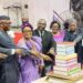 Left to Right Dr Olusegun Mimiko, Prof Lilian Salami, VC, UNIBEN and other principal officers of the University cutting the 54th Anniversary Cake