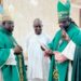 -R: Archbishop Leke Abegurin; Alhaji Ahmed Raji, SAN, and Archbishop Emmanuel Badejo of Ibadan and Oyo Dioceses during the commissioning of 400 capacity hall built in place of an 80-year-old church in Iseyin, Oyo State .