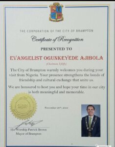 City of Brampton Honors Ufitfly Boss Evangelist Ogunkeyede Ajibola