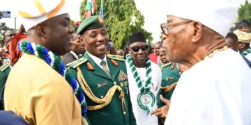 From left, Oyo State Commissioner of Police, Ayo Sonubi; Navy Captain O A Onireti; Commander 2 Division Garrison  Nigerian Army, Brigadier General H I Dasuki; General Officer Commanding 2 Division Nigerian Army, Major General O G Onubogu; Oyo State Governor, Seyi Makinde; Speaker, Oyo State House of Assembly, Hon Debo Ogundoyin; Chief Judge of Oyo State, Justice Iyabo Yerima and representative of Olubadan of Ibadanland, Oba Biodun Kola-Daisi, during the grand finale and laying wreaths to celebrate 2025 Armed Forces Remembrance Day, held at Remembrance Arcade, Agodi, Ibadan. PHOTO: Oyo Gov's Media Unit.