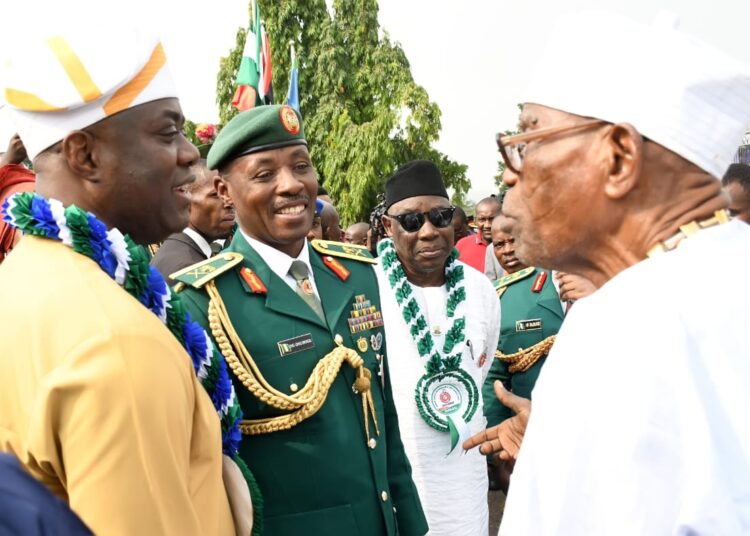 From left, Oyo State Commissioner of Police, Ayo Sonubi; Navy Captain O A Onireti; Commander 2 Division Garrison  Nigerian Army, Brigadier General H I Dasuki; General Officer Commanding 2 Division Nigerian Army, Major General O G Onubogu; Oyo State Governor, Seyi Makinde; Speaker, Oyo State House of Assembly, Hon Debo Ogundoyin; Chief Judge of Oyo State, Justice Iyabo Yerima and representative of Olubadan of Ibadanland, Oba Biodun Kola-Daisi, during the grand finale and laying wreaths to celebrate 2025 Armed Forces Remembrance Day, held at Remembrance Arcade, Agodi, Ibadan. PHOTO: Oyo Gov's Media Unit.