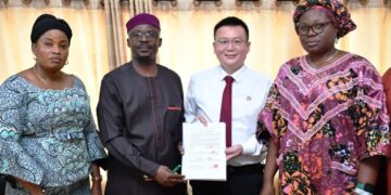 From left, Perm. Sec, Oyo State Ministry of Agriculture and Rural Development, Mrs Abosede Owoeye; Commissioner for Agric, Barr Olasunkanmi Olaleye; Business Director CGC Nigeria Limited (South West), Shao Jingwu and Oyo State Project Coordinator RAAMP, Engr Adeola Ekundayo, during the signing of Phase 1 Contract Agreement of 68km Interventions comprising of Backlog Maintenance/Rehabilitation and Cross Drainage Structure, held at Ministry of Agriculture, Secretariat, Ibadan.