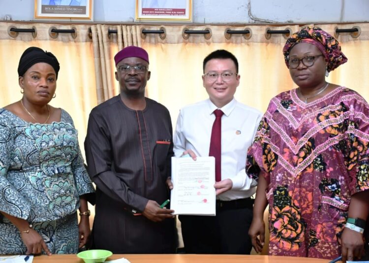 From left, Perm. Sec, Oyo State Ministry of Agriculture and Rural Development, Mrs Abosede Owoeye; Commissioner for Agric, Barr Olasunkanmi Olaleye; Business Director CGC Nigeria Limited (South West), Shao Jingwu and Oyo State Project Coordinator RAAMP, Engr Adeola Ekundayo, during the signing of Phase 1 Contract Agreement of 68km Interventions comprising of Backlog Maintenance/Rehabilitation and Cross Drainage Structure, held at Ministry of Agriculture, Secretariat, Ibadan.