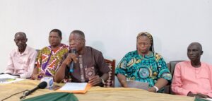 The Acting Rector Dr Taiw Lasisi flanked by the Deputy Rector Mrs Olaide Salawu Registra. Mr Joseph Adewumi Ogunjimi and other management staff at the press conference