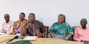 The Acting Rector Dr Taiw Lasisi flanked by the Deputy Rector Mrs Olaide Salawu Registra. Mr Joseph Adewumi Ogunjimi and other management staff at the press conference