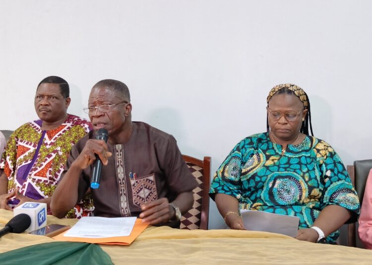 The Acting Rector Dr Taiw Lasisi flanked by the Deputy Rector Mrs Olaide Salawu Registra. Mr Joseph Adewumi Ogunjimi and other management staff at the press conference