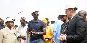 From left, Director of Engineering, Federal Airport Authority of Nigeria, Engr Abiola Adejare; Oyo State Commissioner for Information and Orientation, Prince Dotun Oyelade; Chairman, Samuel Ladoke Akintola Airport Upgrade Committee, Hon Bimbo Adekanmbi; Oyo State Commissioner for Public Works, Infrastructure and Transport, Prof Dahud Sangodoyin and Senior Manager, Craneburg Construction, Mr Edmond Maalouf, during the foundation stone laying of the new International Terminal Building at Samuel Ladoke Akintola Airport, Alakia, Ibadan. PHOTO: Oyo Gov's Media Unit.