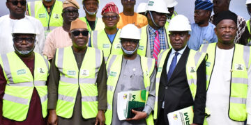 From left, Vice President, Council for the Regulation of Engineering in Nigeria (COREN), Engr Olaolu Ogundiyule; President, Engr Sadiq Zubair Abubakar; Deputy Governor of Oyo State, Barr Bayo Lawal and COREN Registrar, Engr OAU Uche, during the inauguration of Oyo State Technical Committee (OYSTC) and Oyo State Expatriate Monitoring and Enforcement, held at Executive Chamber, Governor's Office, Secretariat, lbadan. PHOTO: Oyo Gov's Media Unit.