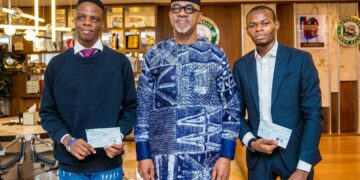 Ogun State Governor, Dapo Abiodun, with Samuel Badekale and Haroun Adebakin, the best graduating students of the University of Lagos (UNILAG