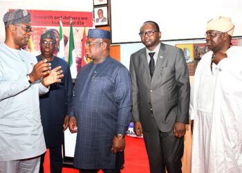 From left, Oyo State Governor, Seyi Makinde; Director General, International Institute of Tropical Agriculture, Dr Simeon Ehui; President of Sierra Leone, Dr Julius Maada Bio, Sierra Leone Minister of Finance, Mr Sheku Bangura and representative of Nigeria Minister of Agriculture and Food Security and Permanent Secretary, Dr Marcus Ogunbiyi, during the opening ceremony of a conference on the Power of Improved Technologies and Public-Private Partnerships to Accelerate the Feed Salone Strategy held at International Institute for Tropical Agriculture (IITA), Ibadan, on Tuesday. PHOTO: Oyo Gov's Media Unit.