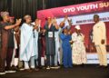 Oyo State Governor, Seyi Makinde (right) receiving Lifetime Achievement award from Group Managing Director of BOVAS Group, Dr Victoria Samson (second right); while Commissioner for Youth and Sports, Hon Wasilat Adegoke (left) and Secretary, Oyo Youth Summit Planing Committee, Prince Deji Adeyemo look on, during 2025 Oyo State Youth Summit, held at International Conference Centre, University of Ibadan. PHOTO: Oyo Gov's Media Unit.