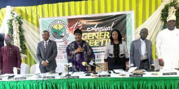 L:R: Mr Adeleke Adefolaju, mini, Permanent Secretary, Political & Economic Affairs Ekiti State, Mr Abdulrahman Yinusa, Odu’a Group Managing Director, Otunba Bimbo Ashiru, Odu’a Group Chairman, Mrs Abiola Ajayi, Company Secretary/ Head of Legal , Dr Adekunle Oyedele, Permanent Secretary, General Administration, Oyo State and High Chief Teslim Igbalaye, SSG, Osun State at the Odu’a 43rd AGM held at Lagos Airport Hotel, Ikeja , Lagos on Thursday