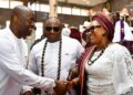 From left, Oyo State Governor, Seyi Makinde; Pastor Christian Adeoye and his wife, Abi, during the burial service of their mother, Late Chief (Mrs) Florence Adeoye, held at St Paul's Anglican Church, Yemetu, Ibadan. PHOTO: Oyo Gov's Media Unit.