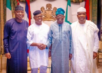 President Bola Ahmed Tinubu flanked by Governor Biodun Abayomi Oyebanji of Ekiti State, former Governor Engr. Segun Oni, and Senate Leader Senator Opeyemi Bamidele
