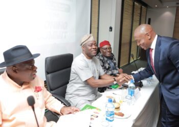 From left, Bayelsa State Governor, Senator Douye Diri; Oyo State Governor, Seyi Makinde; Former Senate President and Chairman, PDP Board of Trustees, Senator Adolphus Wabara and Deputy Governor of Enugu State, Dr Ifeanyi Ossai, during the PDP Southern Zoning Consultative Summit, held at Legend Hotel, Ikeja, Lagos. PHOTO: Oyo Gov's Media Unit.