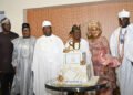 From left, Oyo State Governor, Seyi Makinde; Bauchi State Governor, Bala Muhammed; Secretary to the Federal Government, Senator George Akume, Celebrant, Chief Olabode George; his wife, Dr Roli and Oni of Ife, Oba Dapo Ogunwusi, during the 80th Birthday of Chief Bode George, held at Admiralty Conference Centre, Victoria Island, Lagos. PHOTO: Oyo Gov's Media Unit.