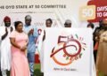 From left, Chairman, Oyo State at 50 Committee, Hon Saheed Akinade-Fijabi; Wife of Oyo State Governor, Engr (Mrs) Tamunominini Makinde; Governor Seyi Makinde; Olubadan of Ibadanland, Oba Rashidi Ladoja; deputy of Oyo State, Barr Bayo Lawal and deputy Speaker, Oyo State House of Assembly, Hon Abiodun Fadeyi, during the Unveiling of Oyo State at 50 Logo and 50-Day Countdawn Ceremony, held at Governor's Office, Secretariat, Ibadan. PHOTO: Oyo Gov's Media Unit.