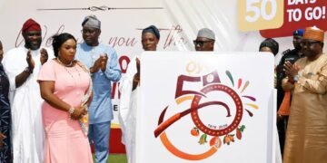 From left, Chairman, Oyo State at 50 Committee, Hon Saheed Akinade-Fijabi; Wife of Oyo State Governor, Engr (Mrs) Tamunominini Makinde; Governor Seyi Makinde; Olubadan of Ibadanland, Oba Rashidi Ladoja; deputy of Oyo State, Barr Bayo Lawal and deputy Speaker, Oyo State House of Assembly, Hon Abiodun Fadeyi, during the Unveiling of Oyo State at 50 Logo and 50-Day Countdawn Ceremony, held at Governor's Office, Secretariat, Ibadan. PHOTO: Oyo Gov's Media Unit.