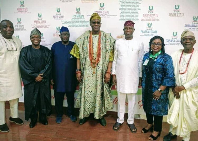 The Soun of Ogbomoso, Oba Ghandi Afolabi Olaoye, Soun Orumogege III and his team with management of NOUN during the visit to NOUN headquarters in Abuja