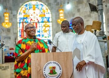 - National Insight News Mr Peter Obi, Gov Makinde and another guest during oyo@50 thanksgiving in Ibadan on Sunday