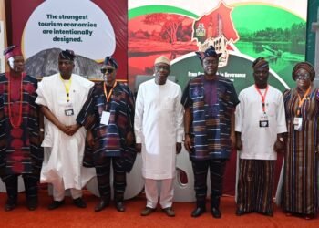 From left, Oyo State Commissioner of Culture and Tourism, Dr Wasiu Olatunbosun; Former Governor of Ekiti State, Dr Kayode Fayemi; Oyo State Governor, Seyi Makinde and his deputy, Barr Bayo Lawal, at the 2026 Oyo State International Tourism Summit, held at International Conference Centre, University of Ibadan. PHOTO: Oyo Gov's Media Unit.
