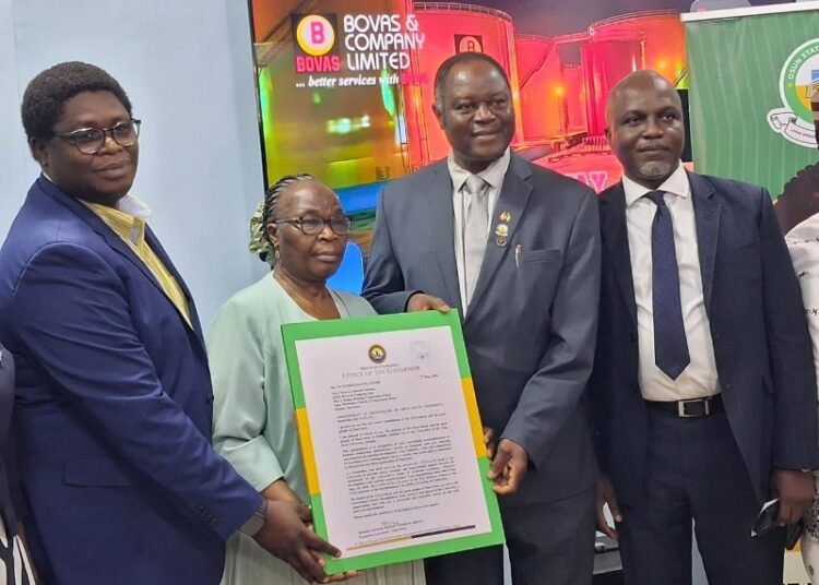 The Vice Chancellor, Osun State University Prof. Odunayo Adeboye (2nd right) presenting letter of appointment as Chancellor of the university to the Group Managing Director, BOVAS & Company Ltd. Mrs Victoria Samson (2nd left), Deputy Group Managing Director BOVAS, Mr Temitope Samson (left) and Deputy Vice Chancellor, Prof Adetunji Kehinde at BOVAS corporate headquarters, Ibadan on Thursday