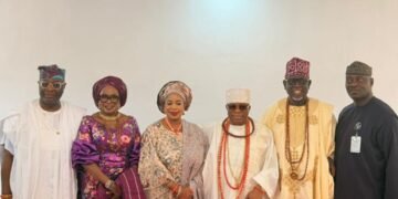 L- R : Otunba Lai Oriowo, Group Director, Odu’a Investment Company Limited, Lady Otunba ‘Debola Osibogun, Group Independent Director, Odu’a, Olori Haastrup, Oba Clement Adesuyi Haastrup, the Owa Obokun of Ijesaland, Otunba  Ayodeji Osibogun and Prof. Taiwo Ashaolu, Vice Chancellor, University of Ilesa