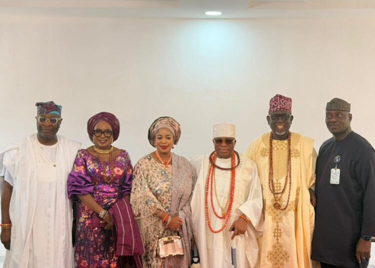 L- R : Otunba Lai Oriowo, Group Director, Odu’a Investment Company Limited, Lady Otunba ‘Debola Osibogun, Group Independent Director, Odu’a, Olori Haastrup, Oba Clement Adesuyi Haastrup, the Owa Obokun of Ijesaland, Otunba  Ayodeji Osibogun and Prof. Taiwo Ashaolu, Vice Chancellor, University of Ilesa