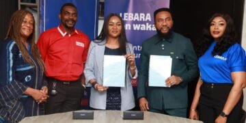 R.COO, Lebara Nigeria,Mary Akin-Adesokan; Head of Business, Slot Nigeria, Eghosa Osadolor; CEO, Lebara Nigeria, Teniola Stuffman; CEO, Slot Nigeria, Nnamdi Ezeigbo and Head of Sales, Acquisition and Distribution, Lebara Nigeria, Aderike Ajayi during the signing of memorandum of understanding between Lebara Nigeria and Slot Nigeria in Lagos..yesterday